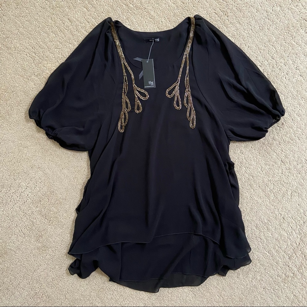 ASOS TFNC Black Chiffon Gold Embellished Dress SzS